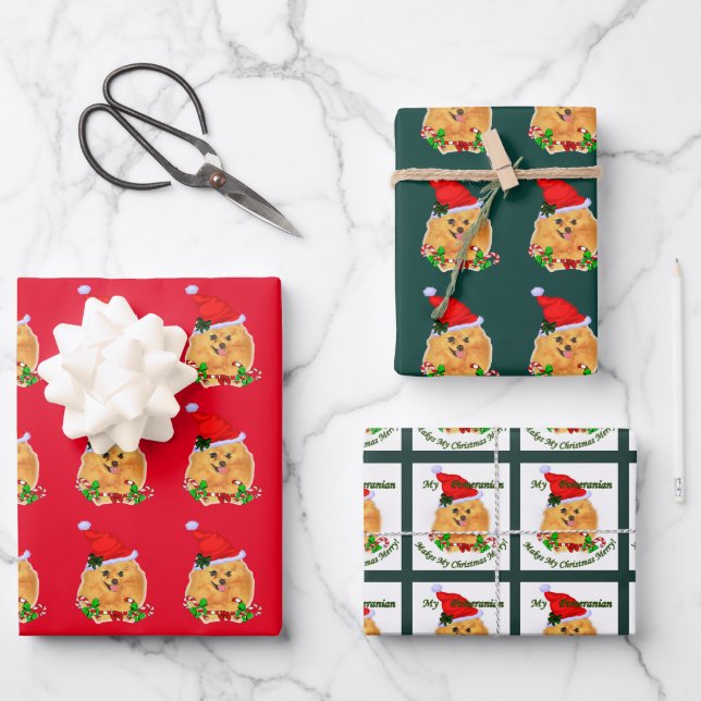 Cute Santa Pomeranian Christmas Wrapping Paper Sheets (Front)