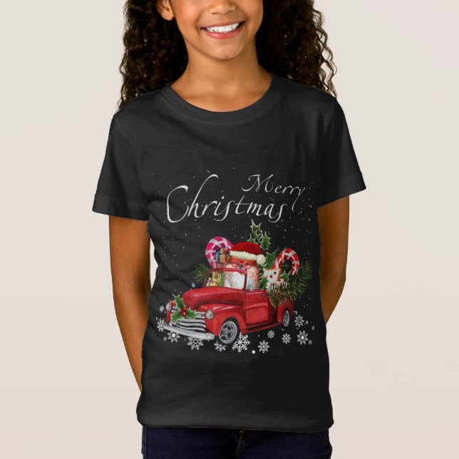Cute Santa Pomeranian Riding Red Truck Merry Chris T-Shirt (Front)