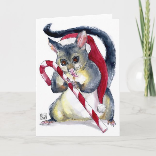 Cute Santa Possum with Candy Cane Christmas Card (Front)