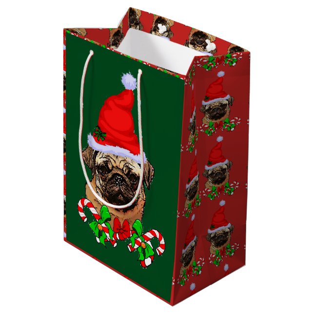 Cute Santa Pug Christmas Merry Medium Gift Bag (Back Angled)