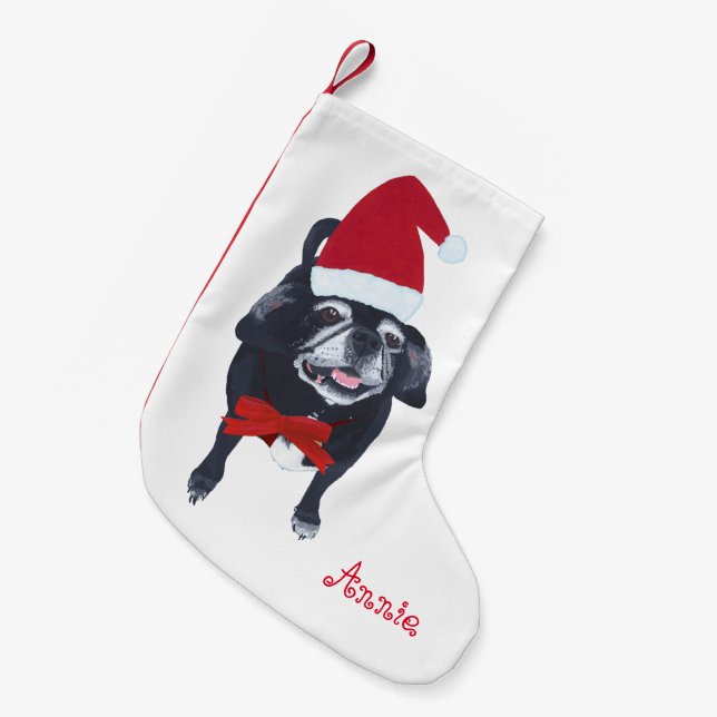 Cute Santa Pug Dog Personalized Christmas Stocking (Front (Hanging))