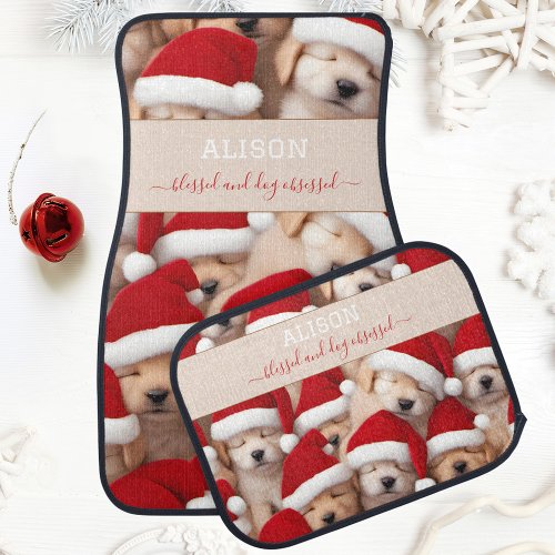Cute Santa Puppy Dog Lover Name Car Floor Mat Set