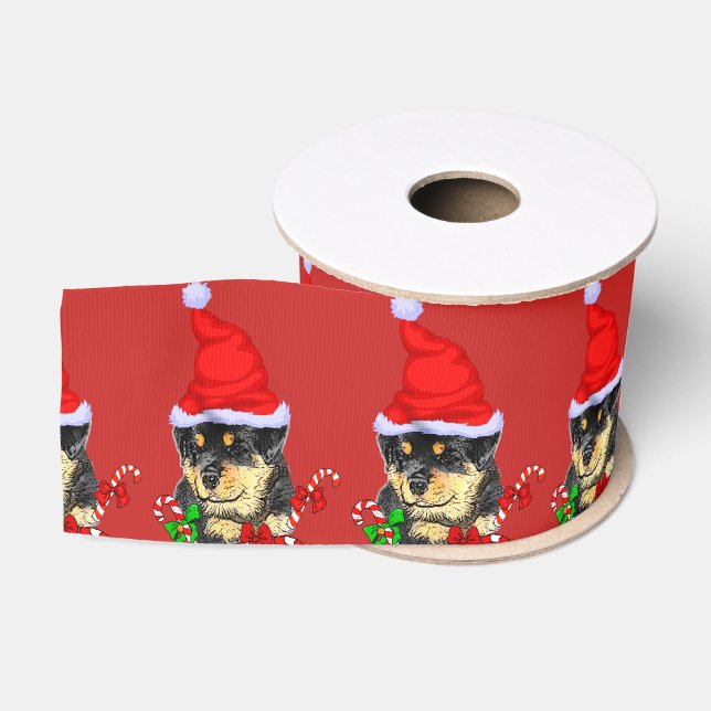 Cute Santa Puppy Rottweiler Christmas Grosgrain Ribbon (Spool)