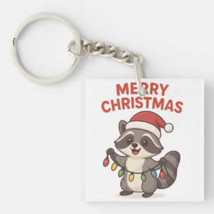 Cute Santa Raccoon Funny Christmas Lights Raccoon Keychain
