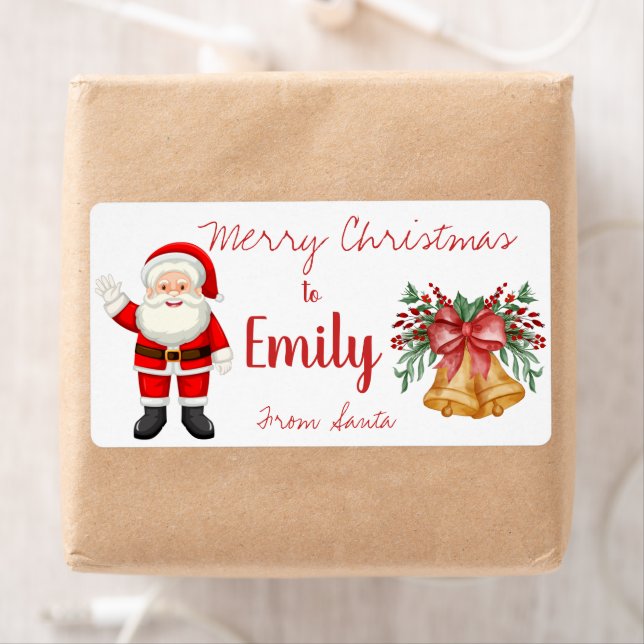 Cute Santa Red Berries Bell Leaves Merry Christmas Label (Insitu)