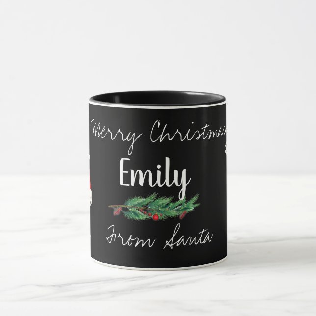 Cute Santa Red Berries Black White Merry Christmas Mug (Center)
