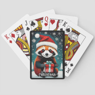 Cute Santa Red Panda Snowy Winter Christmas Poker Cards