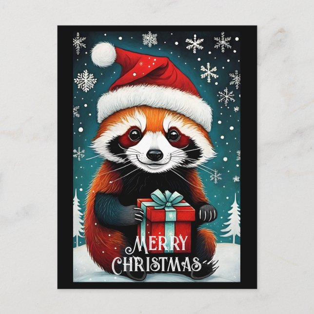 Cute Santa Red Panda Snowy Winter Christmas Postcard (Front)