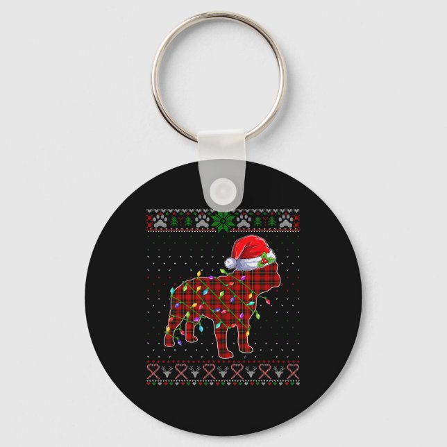 Cute Santa Red Plaid French Bulldog Light Ugly Xma Keychain (Front)