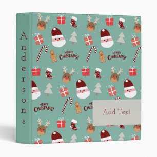 Cute Santa Reindeer Candy Cane Gingerbread Pattern 3 Ring Binder