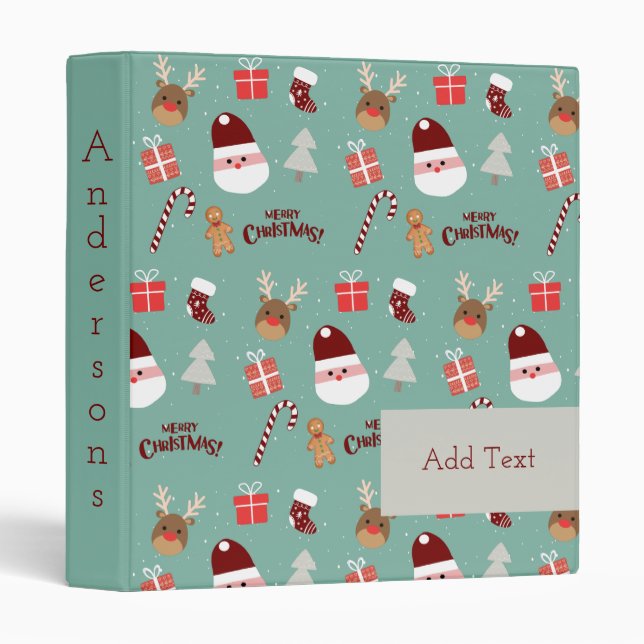 Cute Santa Reindeer Candy Cane Gingerbread Pattern 3 Ring Binder (Front/Spine)