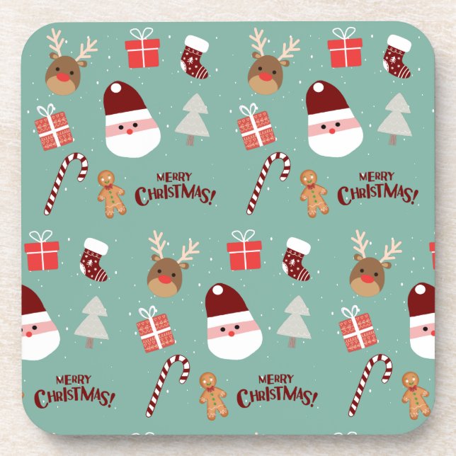 Cute Santa Reindeer Candy Cane Gingerbread Pattern Beverage Coaster (Front)
