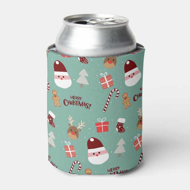 Cute Santa Reindeer Candy Cane Gingerbread Pattern Can Cooler (Can Front)