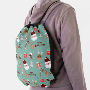 Cute Santa Reindeer Candy Cane Gingerbread Pattern Drawstring Bag