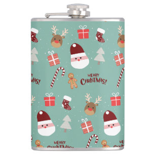 Cute Santa Reindeer Candy Cane Gingerbread Pattern Flask