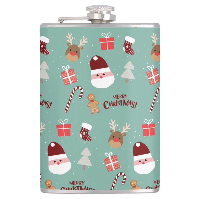 Cute Santa Reindeer Candy Cane Gingerbread Pattern Flask (Front)