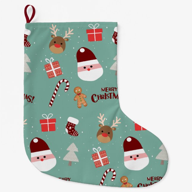 Cute Santa Reindeer Candy Cane Gingerbread Pattern Large Christmas Stocking (Front)