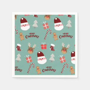 Cute Santa Reindeer Candy Cane Gingerbread Pattern Napkins