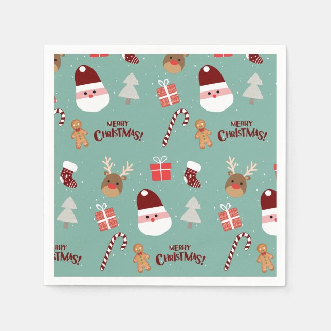 Cute Santa Reindeer Candy Cane Gingerbread Pattern Napkins (Front)