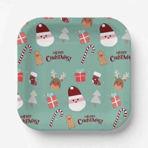 Cute Santa Reindeer Candy Cane Gingerbread Pattern Paper Plates