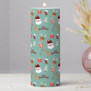 Cute Santa Reindeer Candy Cane Gingerbread Pattern Pillar Candle