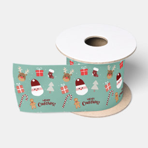 Cute Santa Reindeer Candy Cane Gingerbread Pattern Satin Ribbon