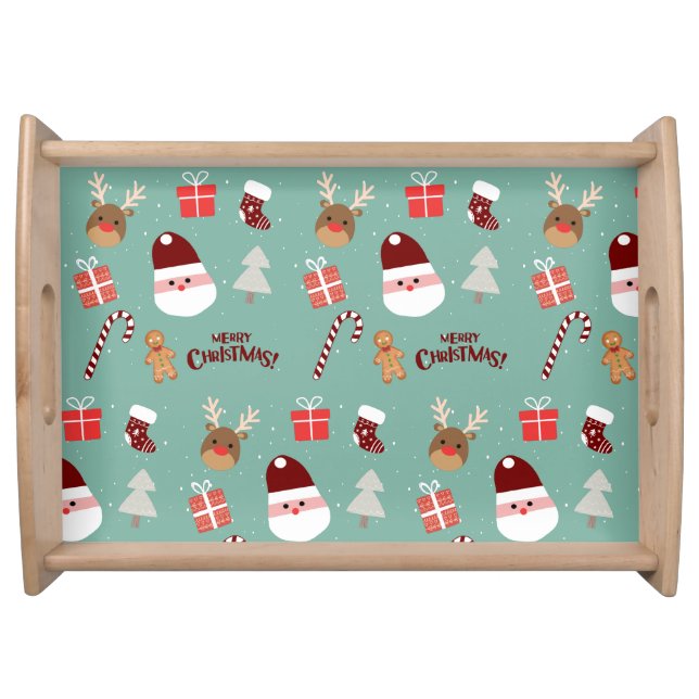 Cute Santa Reindeer Candy Cane Gingerbread Pattern Serving Tray (Front)