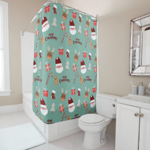 Cute Santa Reindeer Candy Cane Gingerbread Pattern Shower Curtain