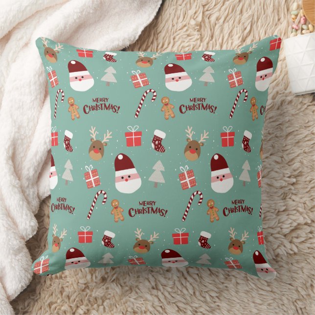 Cute Santa Reindeer Candy Cane Gingerbread Pattern Throw Pillow (Blanket)