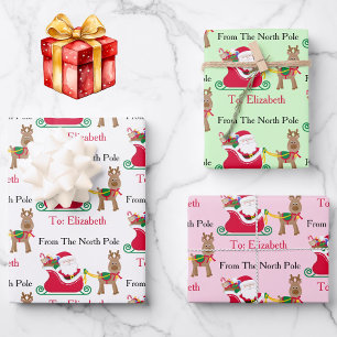Cute Santa Reindeer Child's Name Christmas 3 Wrapping Paper Sheets