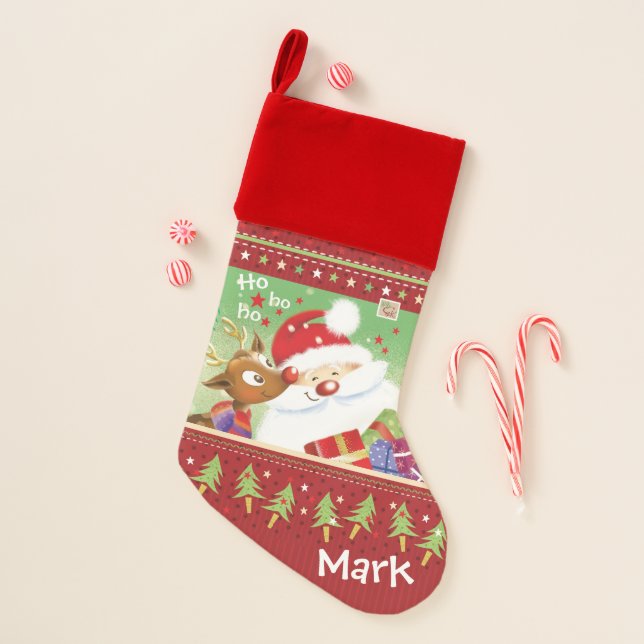 Cute Santa & reindeer Christmas stocking for kids. (Front)