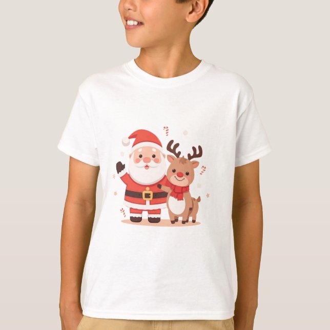 Cute Santa & Reindeer Christmas T-Shirt (Front)