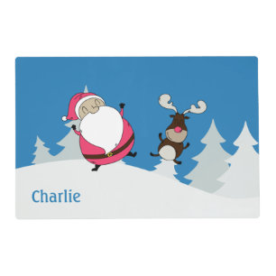 Cute Santa & Reindeer custom name 2 in 1 placemat