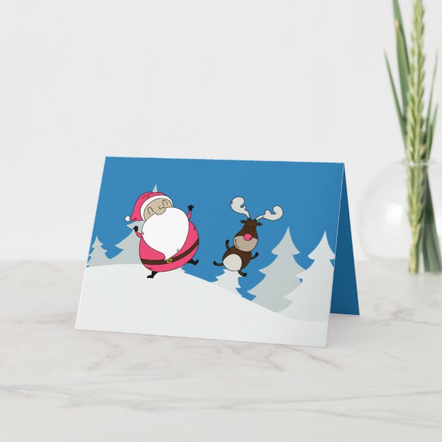 Cute Santa & Reindeer custom text greeting card (Front)