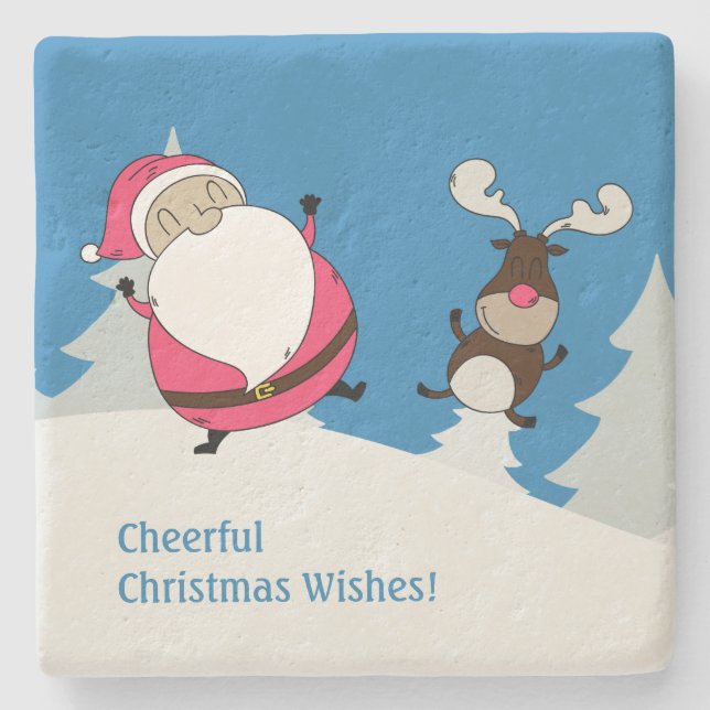 Cute Santa & Reindeer custom text stone coasters (Front)