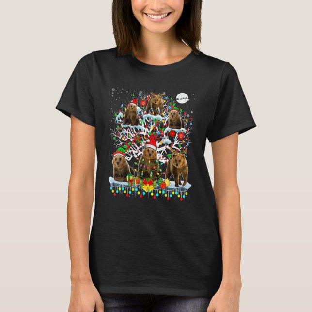 Cute Santa Reindeer Elf Bears On Christmas Tree Or T-Shirt (Front)