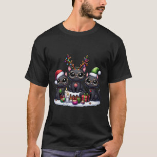 Cute Santa Reindeer Elf Black Cat Christmas Womens T-Shirt