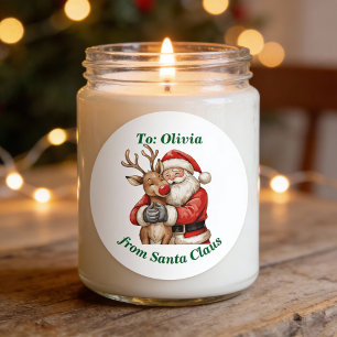 Cute Santa & Reindeer Hug Custom Red Christmas   Classic Round Sticker