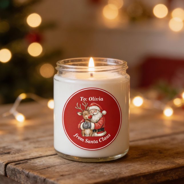 Cute Santa & Reindeer Hug Custom Red Christmas   Classic Round Sticker (Creator Uploaded)