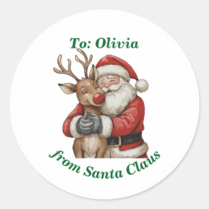 Cute Santa & Reindeer Hug Custom Red Christmas Classic Round Sticker
