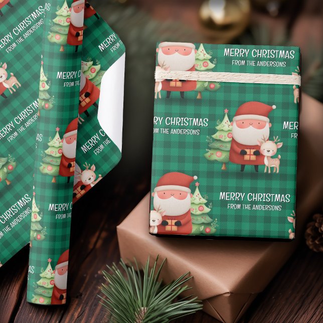 Cute Santa Reindeer Merry Christmas Name Green Wrapping Paper (Cute Santa Reindeer Merry Christmas Name Green Wrapping Paper)