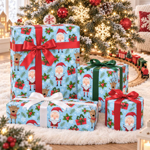 Cute Santa Reindeer Snowflake Christmas Wrapping Paper