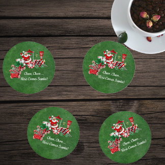 Cute Santa Riding Peppermint Candy Train on Green Coaster Set