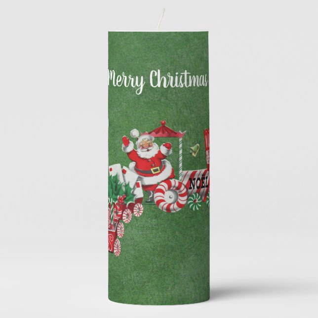 Cute Santa Riding Train Made of Candy Green Pillar Candle (Front)