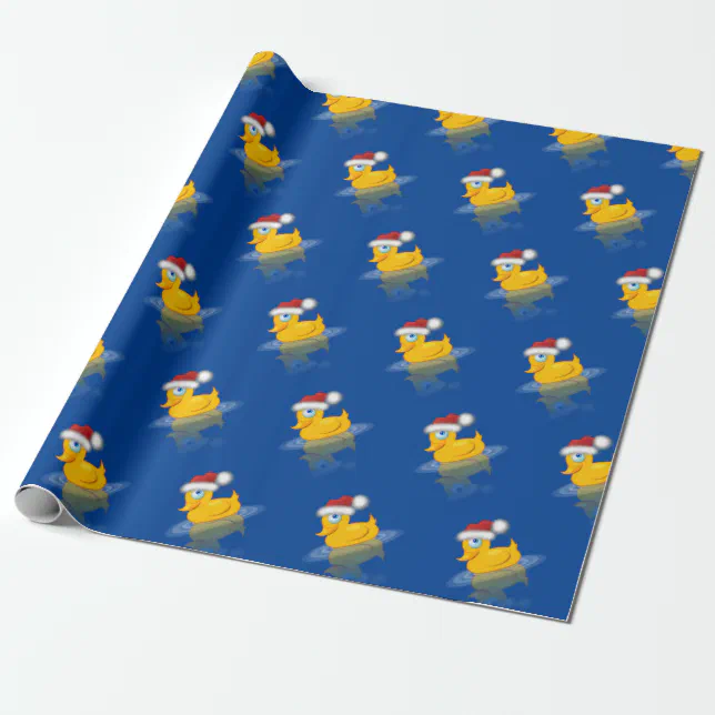 Cute Santa Rubber Duck On Blue Background Wrapping Paper | Zazzle