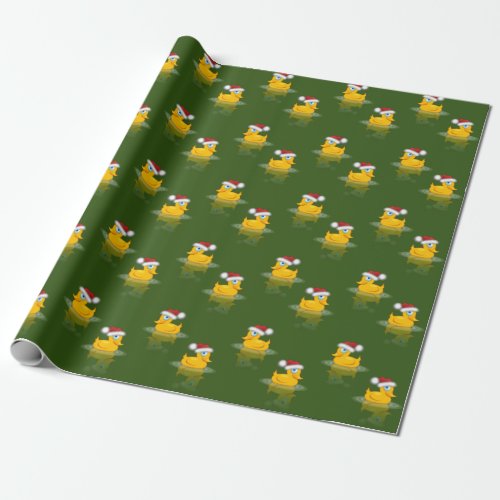 Cute Santa Rubber Duck On Dark Green Background Wrapping Paper