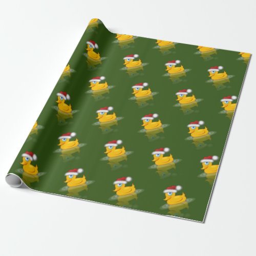 Cute Santa Rubber Duck On Green Background Wrapping Paper