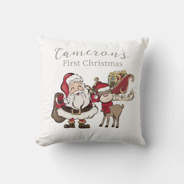 Cute Santa & Rudolph First Christmas Custom Photo Throw Pillow (Front)