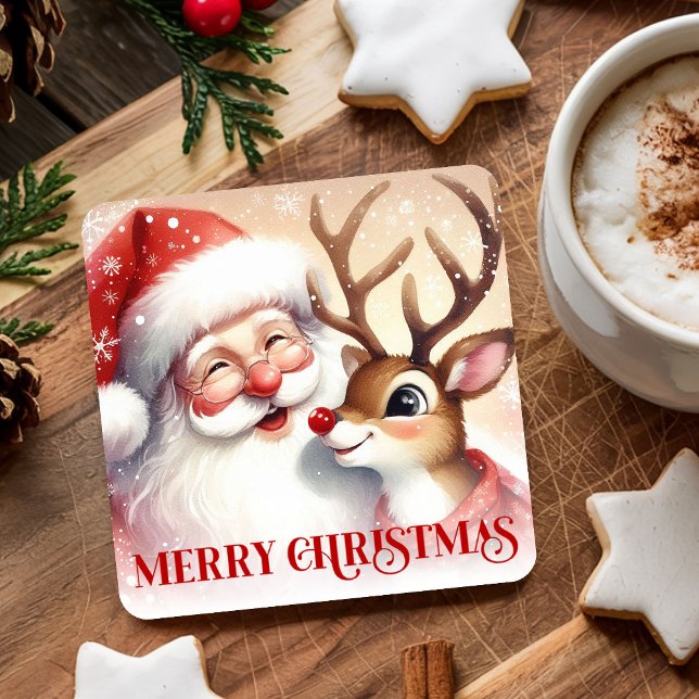 Cute Santa Rudolph Watercolor Christmas Party   Square Paper Coaster (Cute Santa Rudolph Watercolor Christmas Party Coaster)