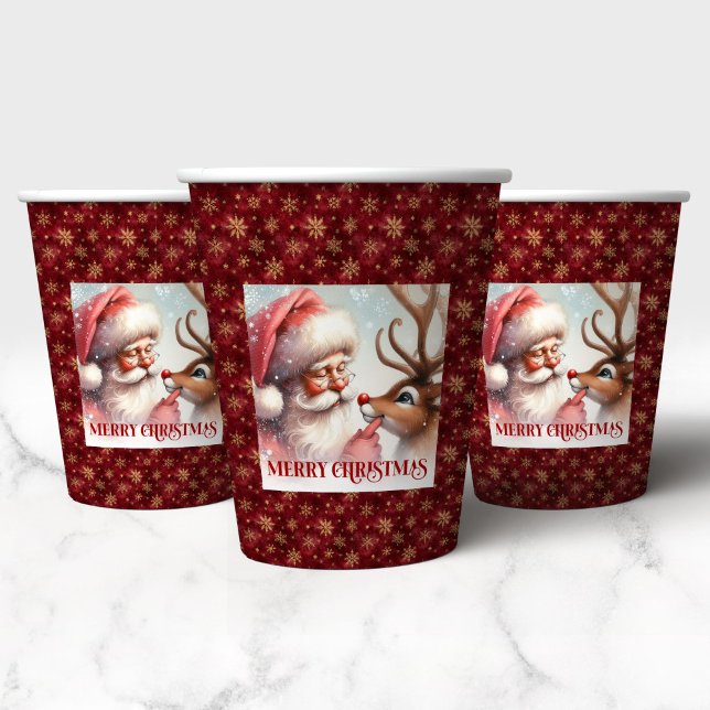 Cute Santa Rudolph Watercolor Holiday Paper Cups (Cute Santa Rudolph Watercolor Holiday Paper Cup)